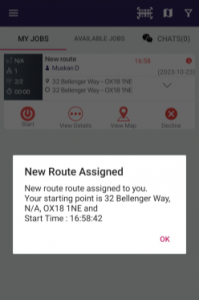 interface of new route assigned
