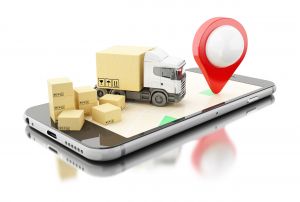 3d illustration of a white delivery truck and mobile delivery or gps tracking service.