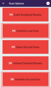 A delivery tracking application screen showing 'intrahub load scan',