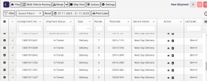 Screenshot of a shipment tracking software interface showing a table of consignment numbers.