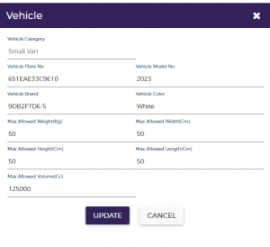 Screenshot of a vehicle information form, displayed with an "update" and a "cancel" button.